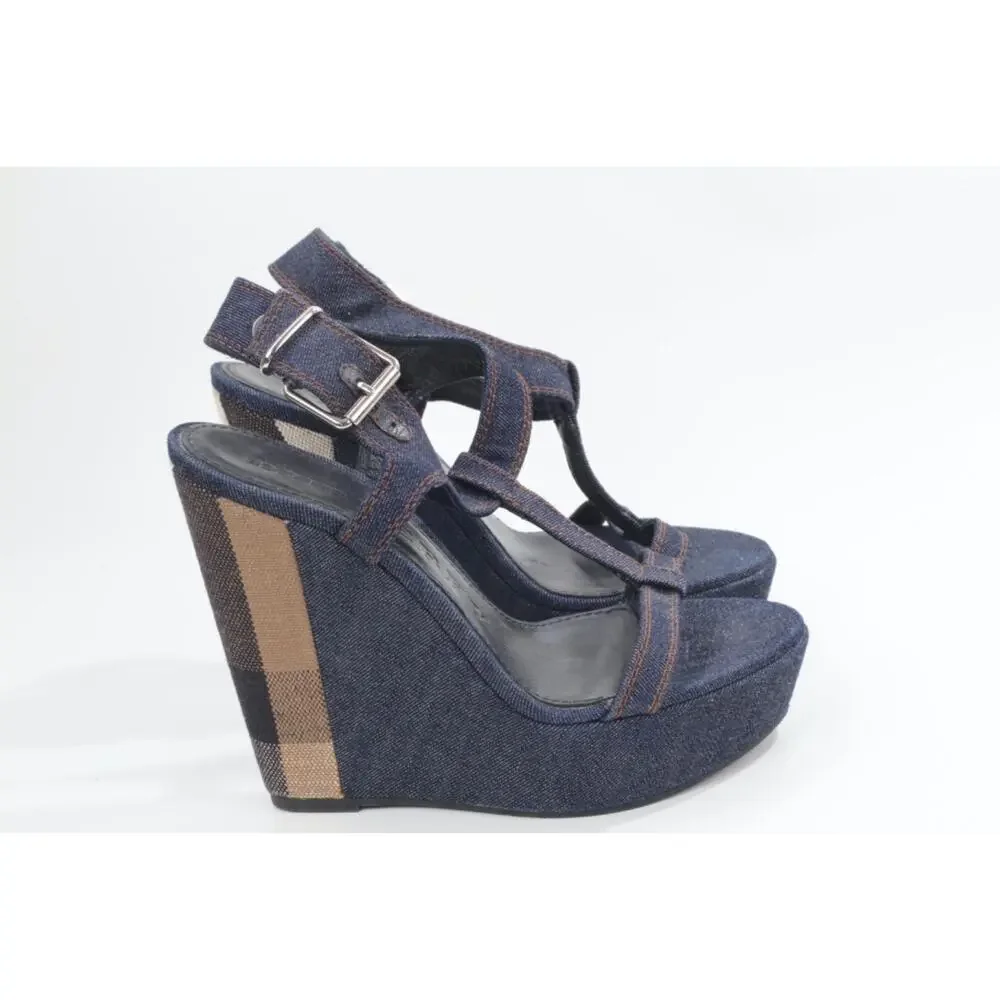 Burberry Navy Denim Buckle Ankle T-Strap Wedge Sandals Designer Shoes Size 38.5 - Picture 6 of 16